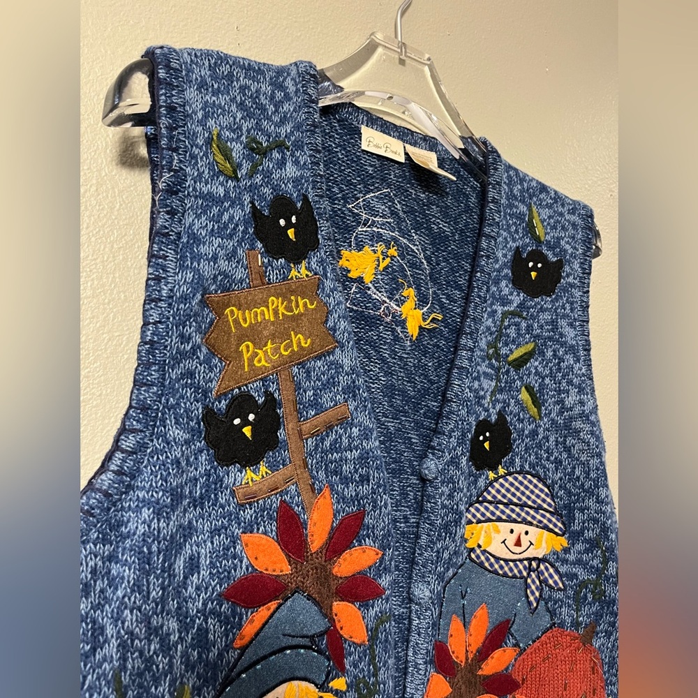 Vintage Bobbie Brooks  Pumpkin Patch Fall Scarecrow Sweater Vest Woman M - Picture 4 of 8